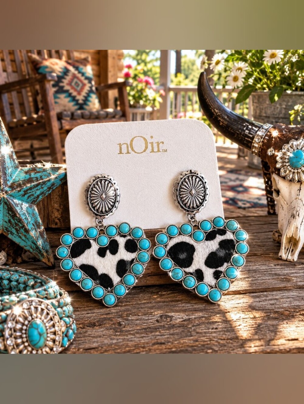 nOir Jewelry Turquoise & Black Heart Drop Earrings with Cowhide Accent NWT